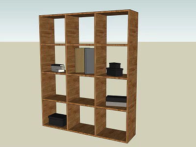 Wooden Bookshelf with Multiple Cubby Holes Holding Books and Storage Boxes 3d model