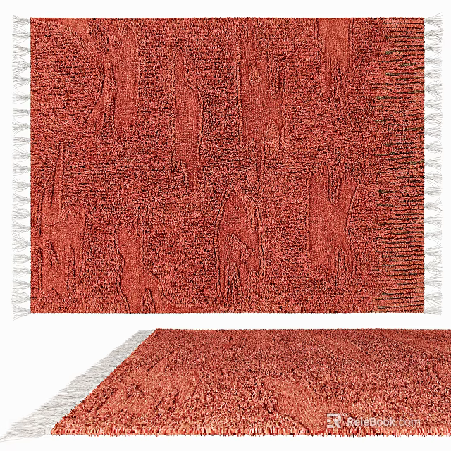 Coral Red Textured Square Rug With Fringed Edges For Home Decor 3d model 