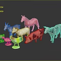 Colorful Plastic Animal Toys Set Featuring Horse Goat Chicken Pig Cow And Duck On Reflective Surface
