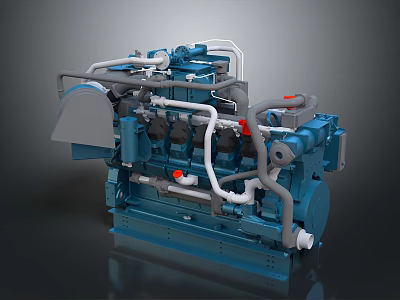High Performance Blue Industrial Engine Featuring Multiple Pipes And Mechanical Components 3d model