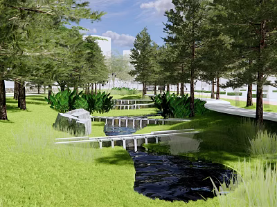 Waterside Landscape With Lush Green Grass Tall Trees Meandering Stream Stone Bridge And Modern Buildings 3d model