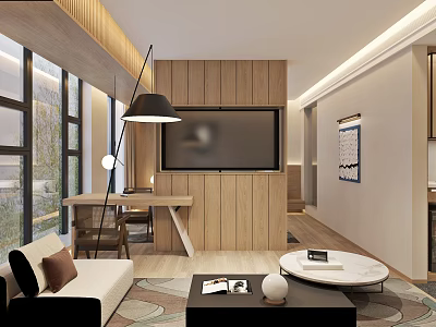 Modern Hotel Guest Room With Wooden Wall Panels Sofa Coffee Table And Large Windows 3d model