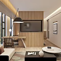 Modern Hotel Guest Room With Wooden Wall Panels Sofa Coffee Table And Large Windows