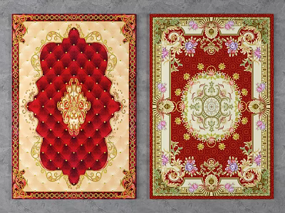 Two Red And Beige Floor Tiles With Gold Patterns Floral Motifs And Decorative Borders 3d model