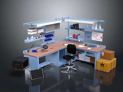 Blue Spacious Desk With Multiple Shelves Office Chair And Storage Boxes For Home Office 3d model