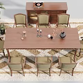 Wooden Dining Table Set with Green Chairs Cabinet Plant Rug and Table Decorations