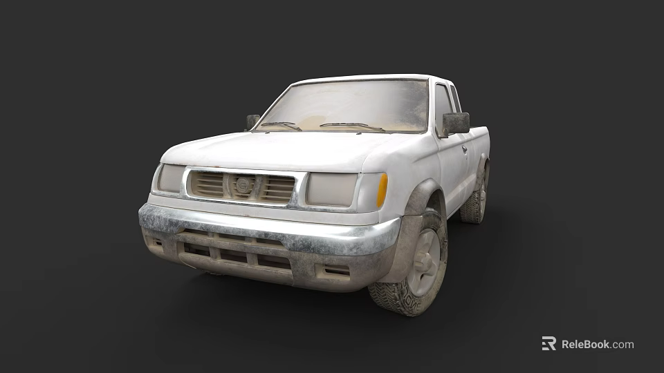 White Pickup Truck With Weathered Front Bumper And Worn Tires On Black Background 3d model 