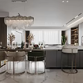 Modern Living and Dining Room Interior Design With Marble Island Glass Wine Cabinet Bar Stools