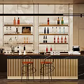 Modern Bar Interior With Wooden Counter Glass Shelves Colorful Bottles And Metal Stools