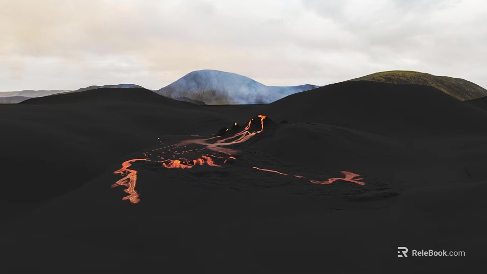 Microtopography of Volcanic Lava Flow on Black Terrain with Distant Mountains and Sky 3d model 
