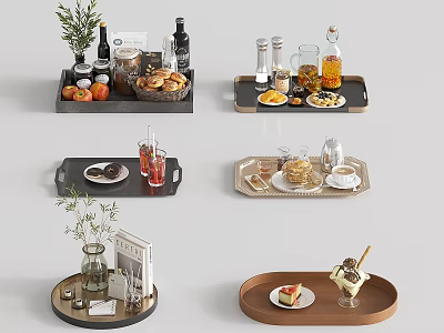 Diverse Household Trays With Food Beverages Vase Magazine And Daily Items 3d model