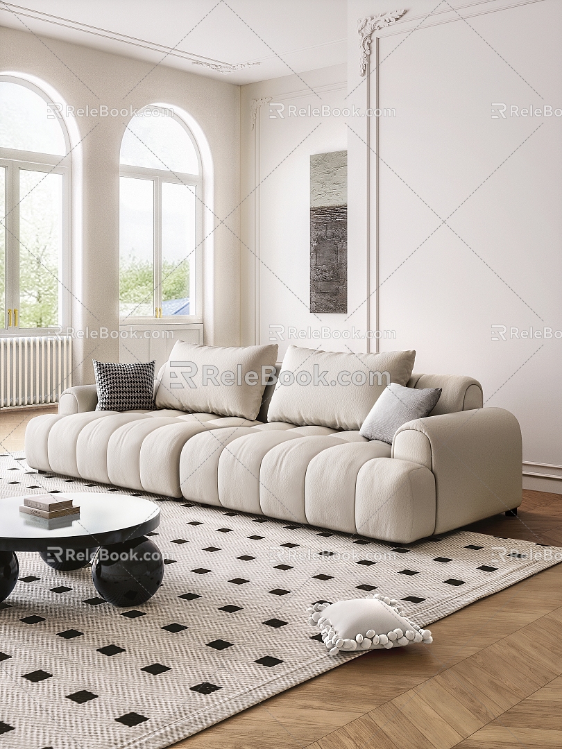 Modern Cream Style Living Room Three-Person Sofa Piano Keys Sofa Sofa Clouds Sofa Cat Scratching Cloth Sofa Cream Style 3d model