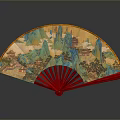 Traditional Chinese Folding Fan With Colorful Landscape Painting And Red Ribs