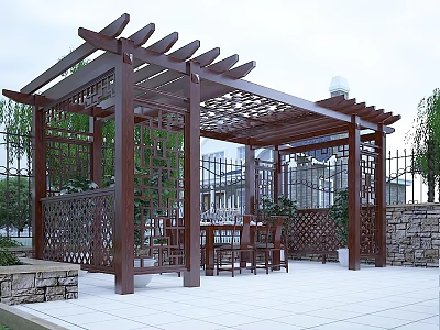 Outdoor Garden Pavilion with Wooden Lattice Structure Table Chairs Stone Wall and White Tile Floor 3d model