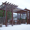 Outdoor Garden Pavilion with Wooden Lattice Structure Table Chairs Stone Wall and White Tile Floor