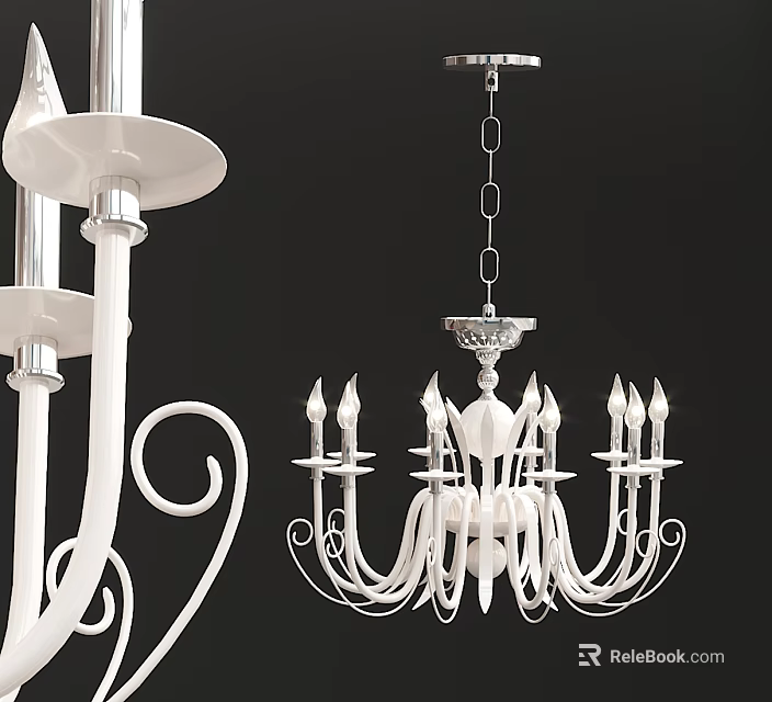 Elegant White Candle Style Chandelier With Chain Suspension And Decorative Curved Arms 3d model 