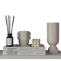 Modern Decorative Ornaments Arrangement on Shelf with Vase Books Sculpture and Pampas Grass