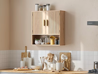 Light Colored Kitchen Interior With Wooden Wall Cabinet And Utensils On Countertop 3d model
