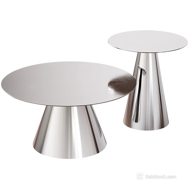 Two Silver Round Coffee Tables With Conical Bases And Sleek Metallic Tops 3d model