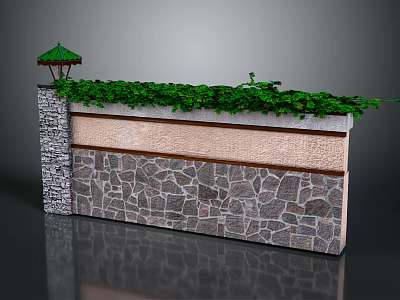 Textured Stone Wall With Lush Green Plants And Small Gazebo On Top 3d model