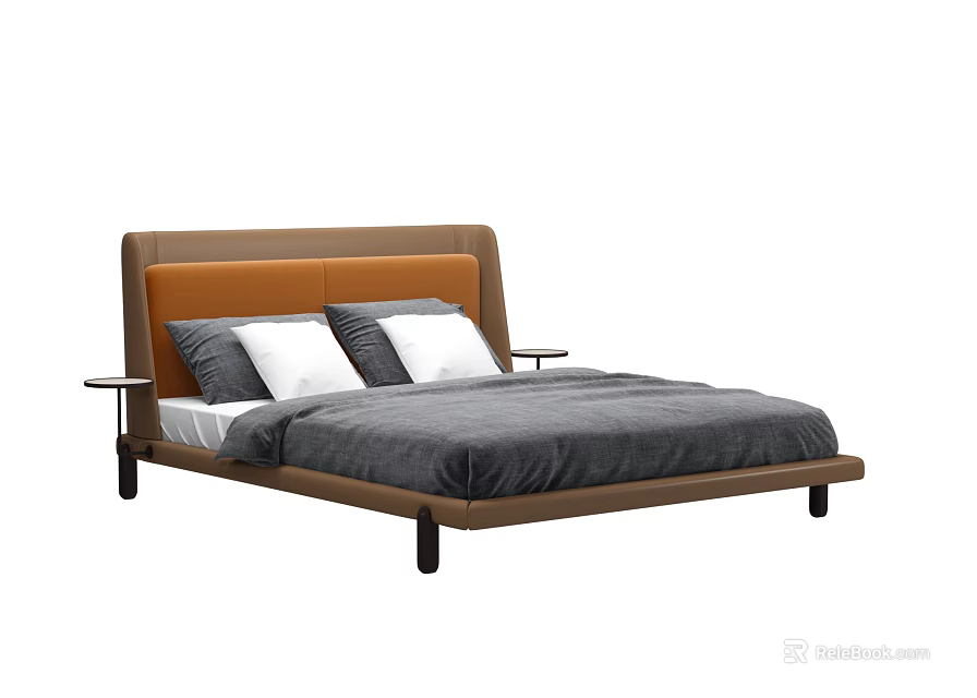 Modern Double Bed With Brown Leather Headboard Gray Bedding And Pillows 3d model