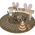 Kids Table with Bunny Ears Matching Chairs and Wooden Building Blocks on Round Sun Rug