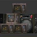 Stacked Vintage Wooden Crates With Labels And Black Speaker