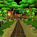 Cartoon Forest Scene With Stone Path Green Leaves Trees Panda Rabbit And Colorful Items