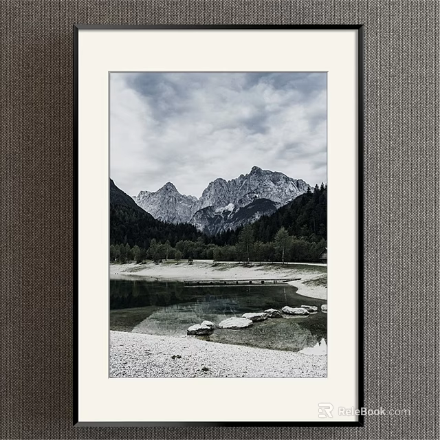 Scenic Mountain Lake Landscape Painting With Trees Cloudy Sky And Stones 3d model 