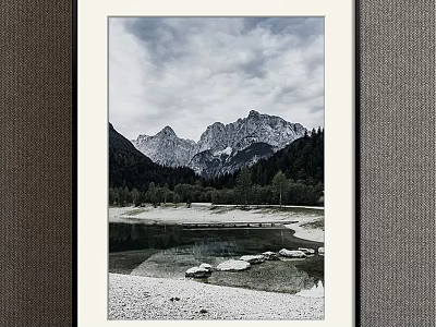 Scenic Mountain Lake Landscape Painting With Trees Cloudy Sky And Stones 3d model