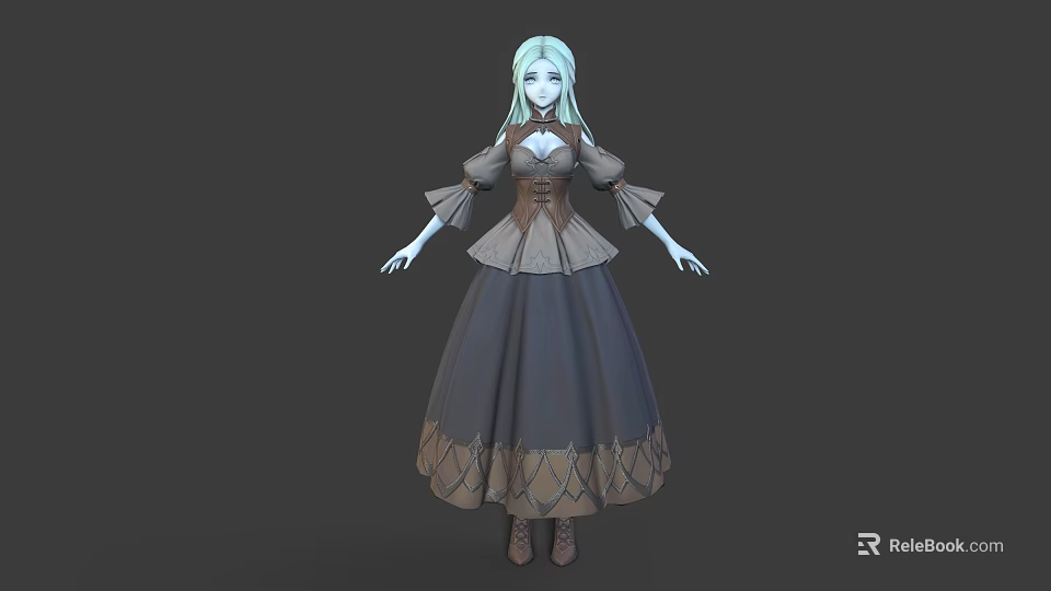Elegant 3D Fantasy Character With Light Blue Hair Brown Gray Ruffled Sleeve Decorative Hem Dress 3d model 