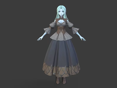 Elegant 3D Fantasy Character With Light Blue Hair Brown Gray Ruffled Sleeve Decorative Hem Dress 3d model