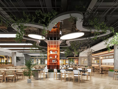 Modern Restaurant Interior With Green Plant Decor Central Orange Pillar Bookshelves And Wooden Tables 3d model