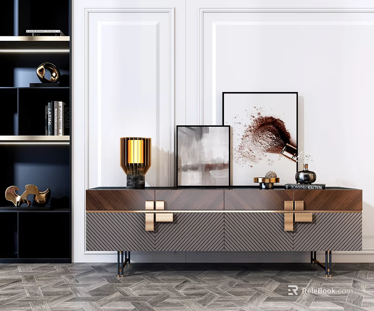 Elegant Wooden TV Stand with Gold Metal Handles Lamp Painting and Open Black Shelves 3d model 