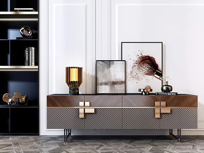 Elegant Wooden TV Stand with Gold Metal Handles Lamp Painting and Open Black Shelves 3d model
