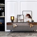 Elegant Wooden TV Stand with Gold Metal Handles Lamp Painting and Open Black Shelves
