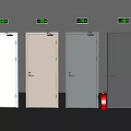 Four White And Light Gray Hinged Doors With Green Digital Displays And Red Fire Extinguisher