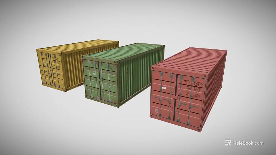 Industrial Cargo Containers Three Colored Yellow Green and Red Metal Units 3d model 