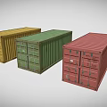 Industrial Cargo Containers Three Colored Yellow Green and Red Metal Units