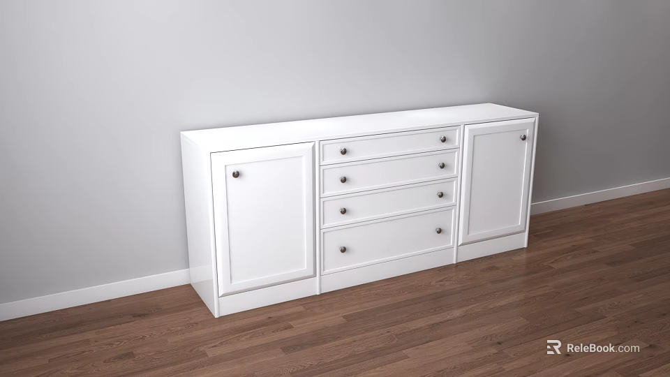 Modern White Entryway Sideboard Cabinet With Drawers Doors And Metal Handles On Wooden Floor 3d model 