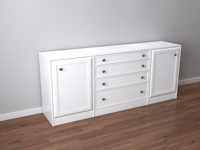 Modern White Entryway Sideboard Cabinet With Drawers Doors And Metal Handles On Wooden Floor 3d model
