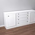 Modern White Entryway Sideboard Cabinet With Drawers Doors And Metal Handles On Wooden Floor