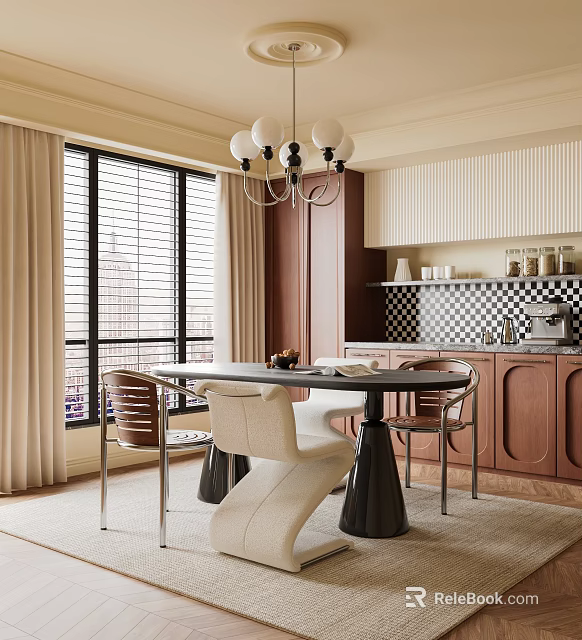 Elegant Modern Restaurant Interior With Chandelier Dining Table Chairs Window Curtains And Checkered Backsplash 3d model 