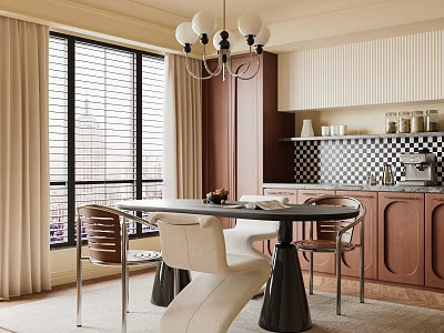 Elegant Modern Restaurant Interior With Chandelier Dining Table Chairs Window Curtains And Checkered Backsplash 3d model
