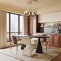 Elegant Modern Restaurant Interior With Chandelier Dining Table Chairs Window Curtains And Checkered Backsplash