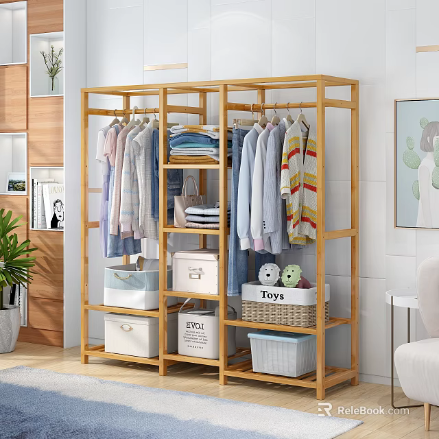 Wooden Open Clothes Rack With Hanging Clothes And Storage Boxes 3d model 