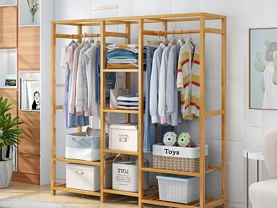 Wooden Open Clothes Rack With Hanging Clothes And Storage Boxes 3d model