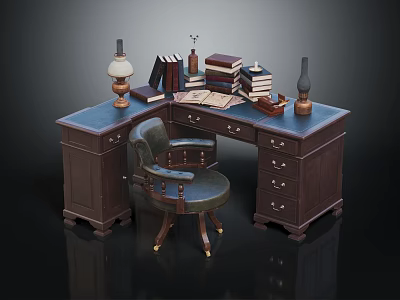 Vintage Wooden Desk and Chair with Stacked Books Table Lamp and Ink Bottle 3d model