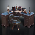Vintage Wooden Desk and Chair with Stacked Books Table Lamp and Ink Bottle