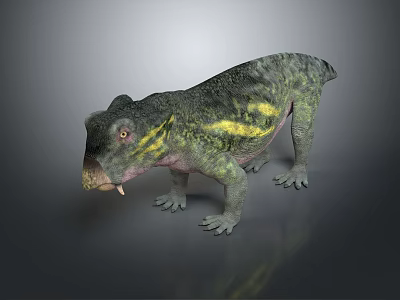 Prehistoric Reptile 3D Model With Green Yellow Stripes Stocky Body Short Legs And Large Head 3d model